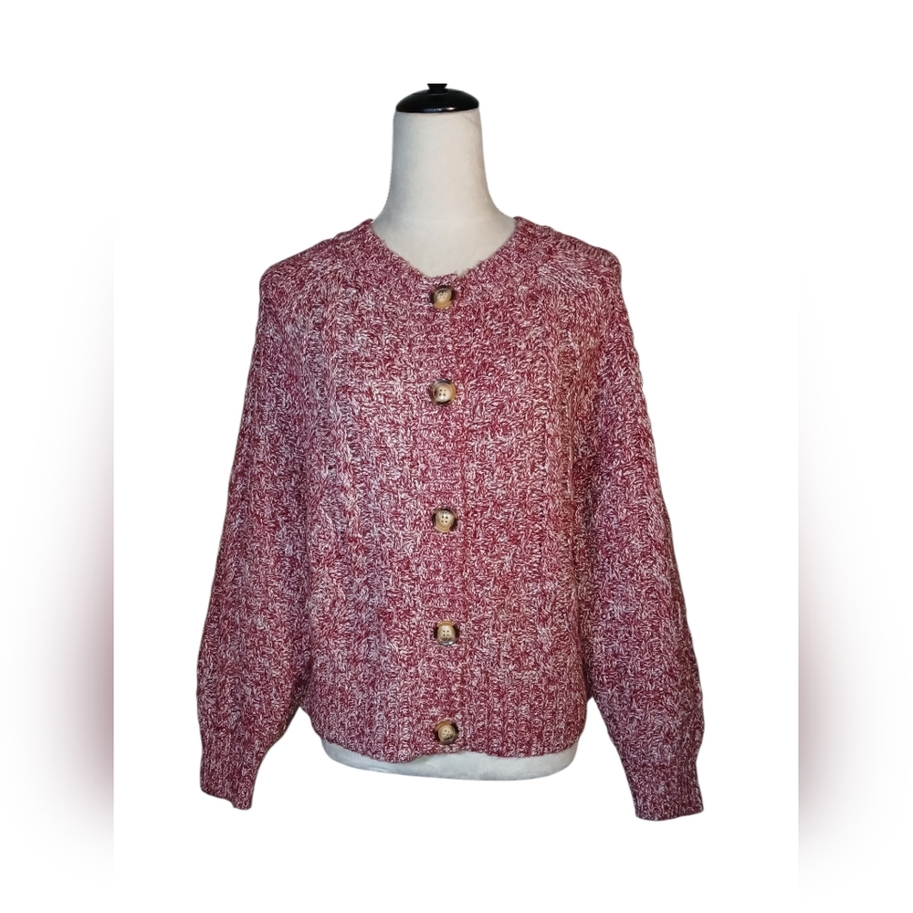 NWT Speckled Burgundy & Off-white Cable Knit Cardigan Size XL